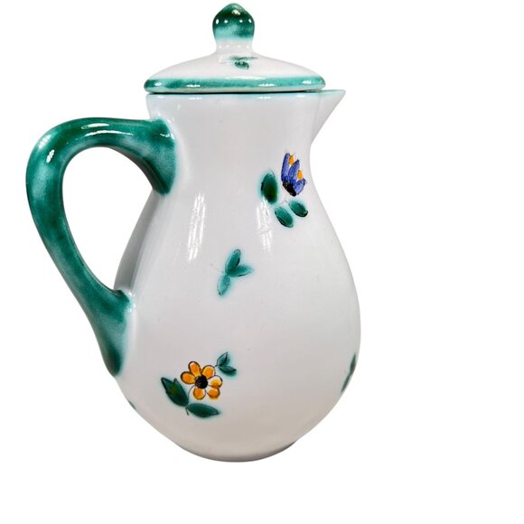 Vtg Gmundner Keramik Alpine Flowers Creamer Pitcher with Lid Hand Painted Green - Picture 3 of 15